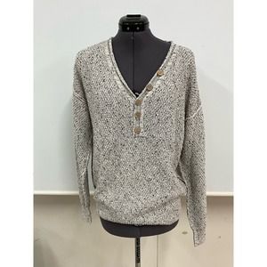 Womens Just Fashion Now Size L White Black Gray V Neck Sweater Button Accents